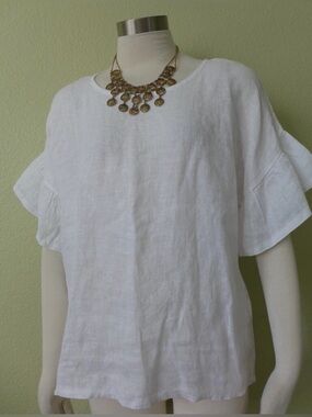 ELENA BALDI (Made in ITALY) Bell Sleeve White 100% Linen Top Blouse Size S